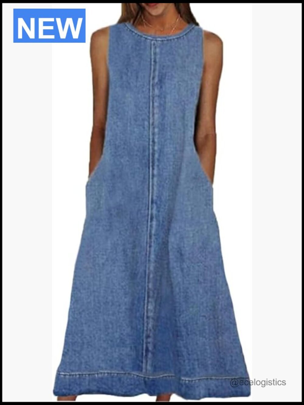 Sleeveless Maxi Denim Dress Crewneck Loose Long Vest with Pockets